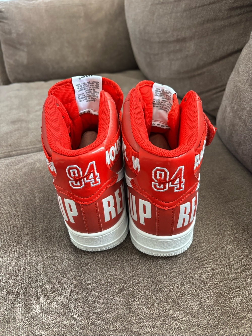 Nike x Supreme Red High-Top Sneakers with White Swoosh - Picture 4 of 4